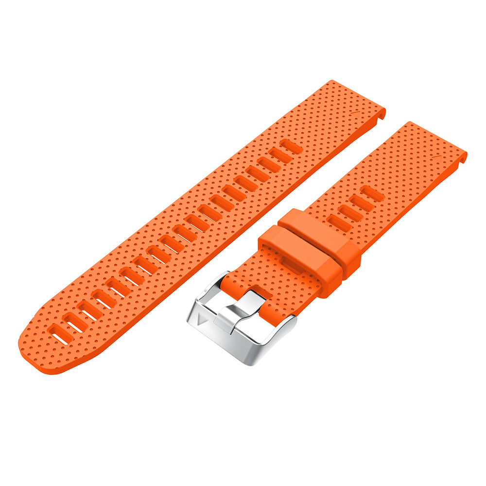 Orange silicone smartwatch band with perforated texture and silver buckle hardware, quick-fit 20mm width