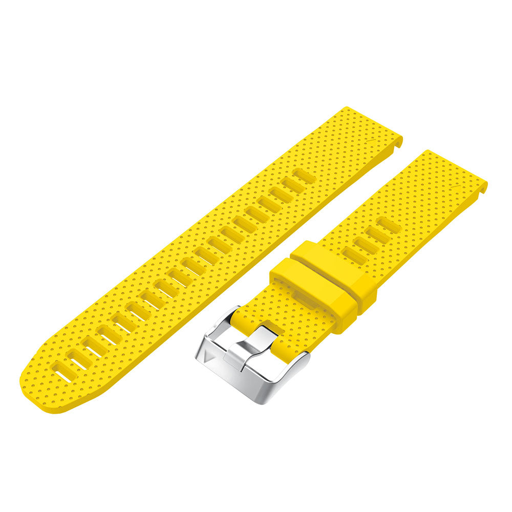 Yellow silicone watch band with perforated holes, silver buckle hardware, and quick-fit 20mm connector design