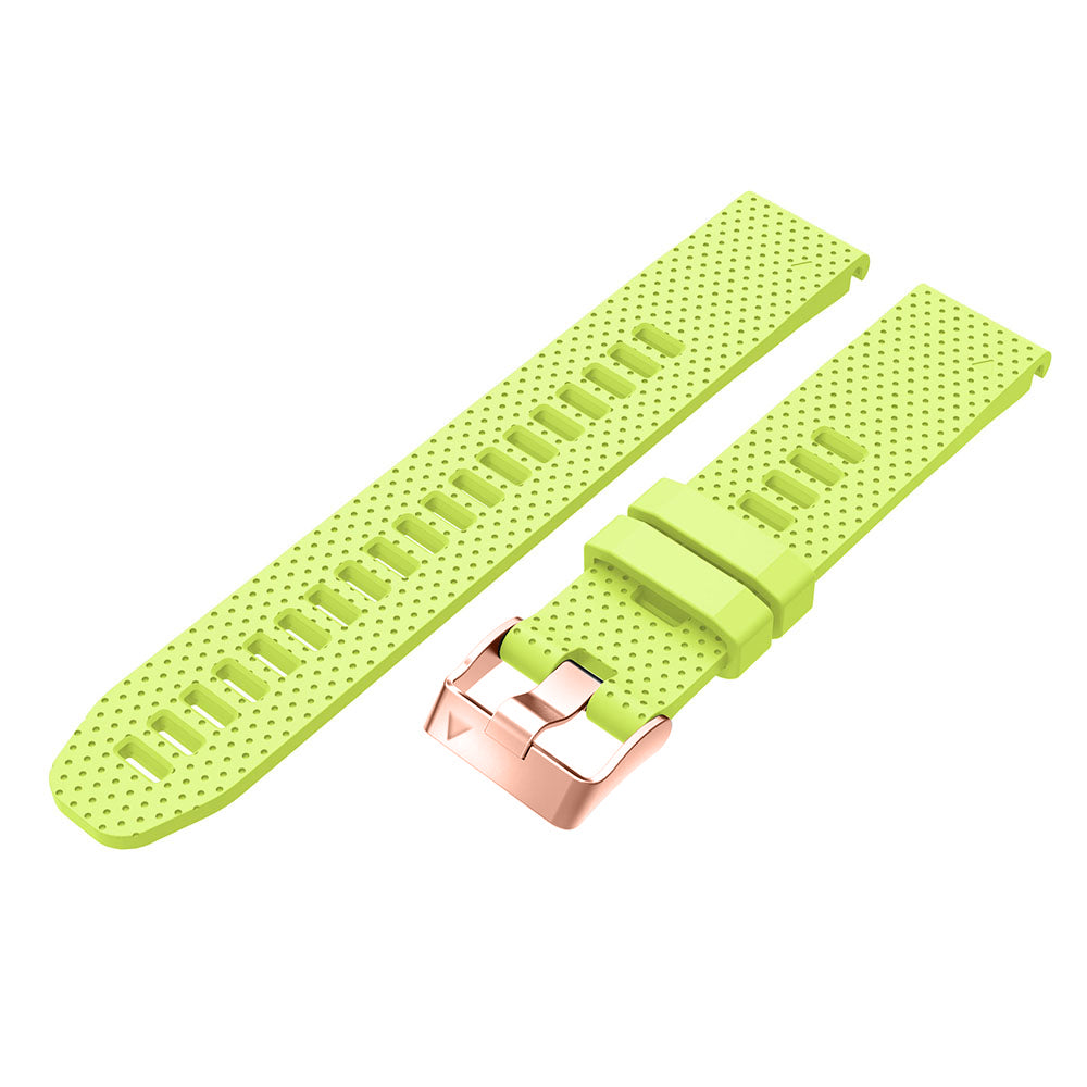 Lime green silicone sport watch band with perforated design, rose gold buckle hardware, quick release mechanism, 20mm width
