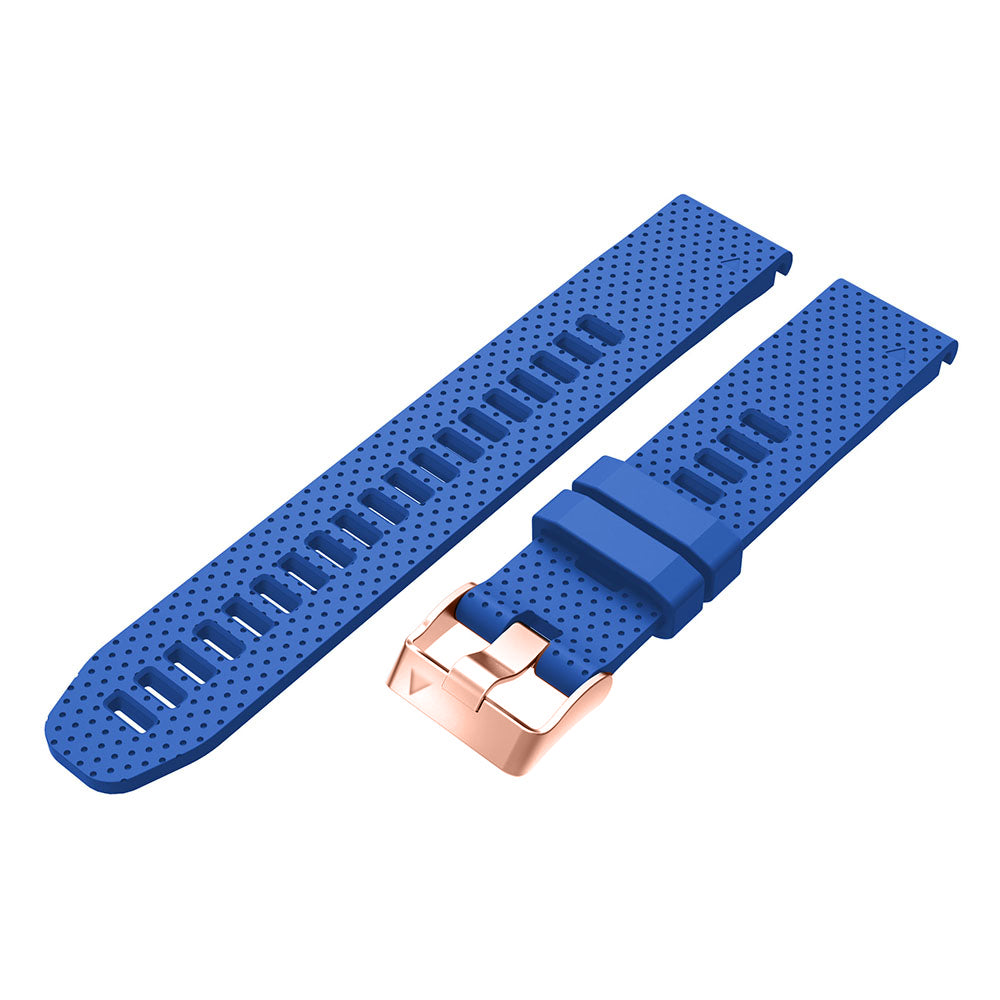 Blue perforated silicone watch band with rose gold buckle and quick-fit connector pins for compatible smartwatch models