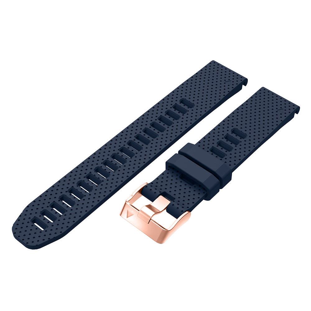 Navy perforated silicone watch band with rose gold buckle and quick-fit connector for 20mm watches