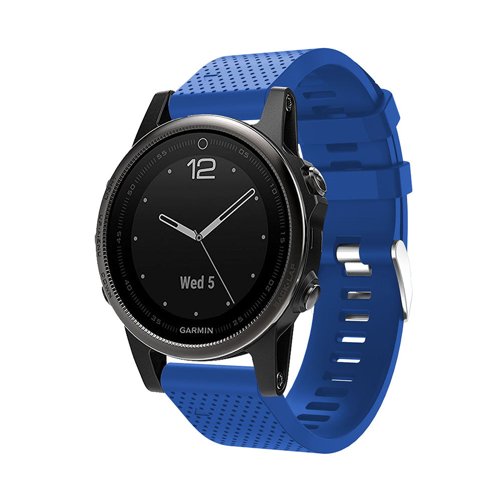 Garmin smartwatch with black dial and blue silicone QuickFit 20mm sport band with silver hardware