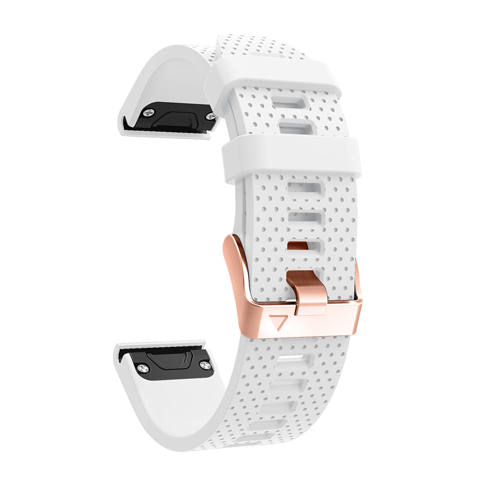 White perforated silicone watch band with rose gold hardware and quick-fit connectors for 20mm smartwatches