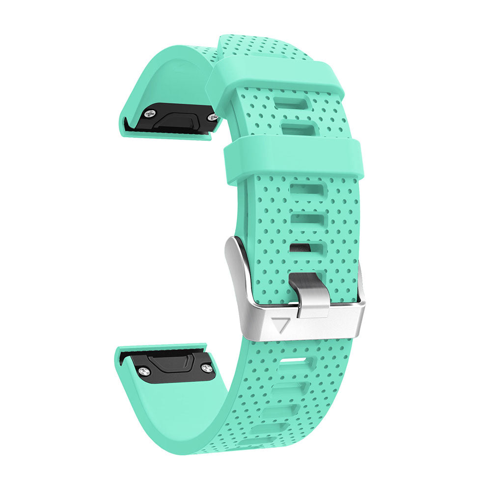 Mint green perforated silicone QuickFit 20mm watch band with silver hardware and black connectors, replacement strap for Garmin fitness watches