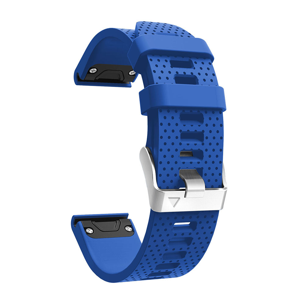 Blue perforated silicone QuickFit 20mm watch band with silver hardware and black connector compatible with Garmin fitness tracker