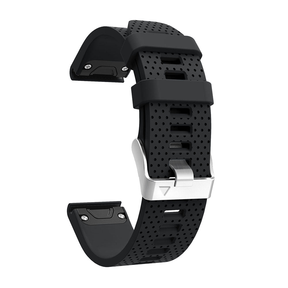 Black perforated silicone smartwatch band with silver buckle hardware and QuickFit 20mm connector for easy replacement