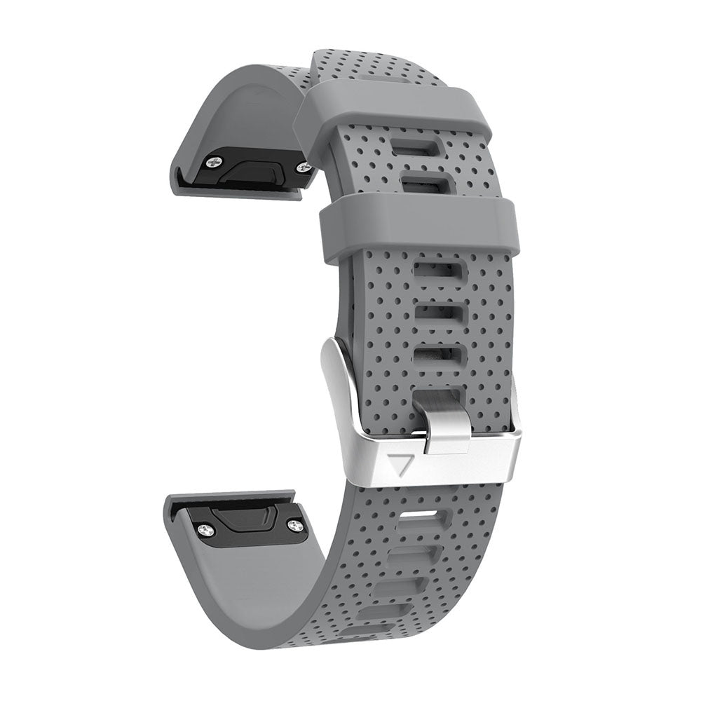 Gray silicone QuickFit 20mm smartwatch band with perforated design and silver hardware clasp