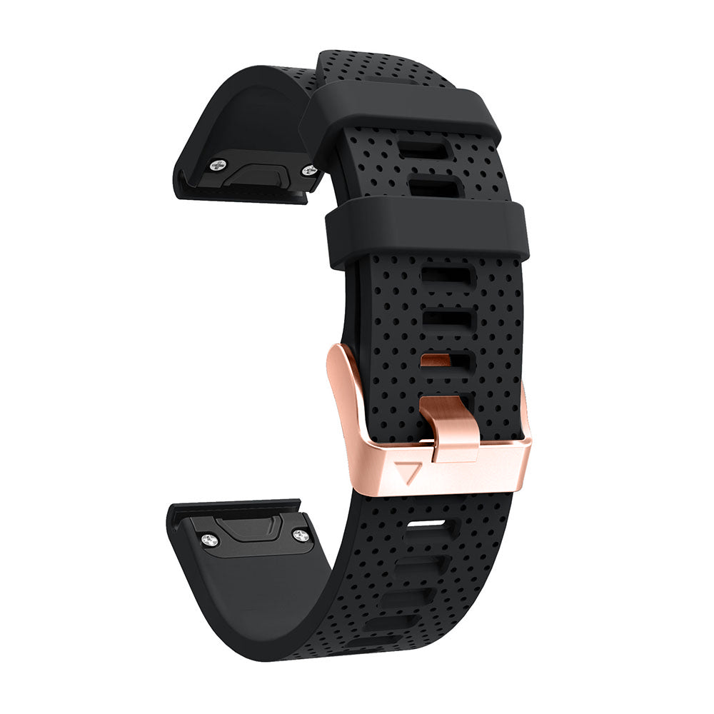 Black perforated silicone smartwatch band with rose gold quick-fit buckle and connector, isolated on white background
