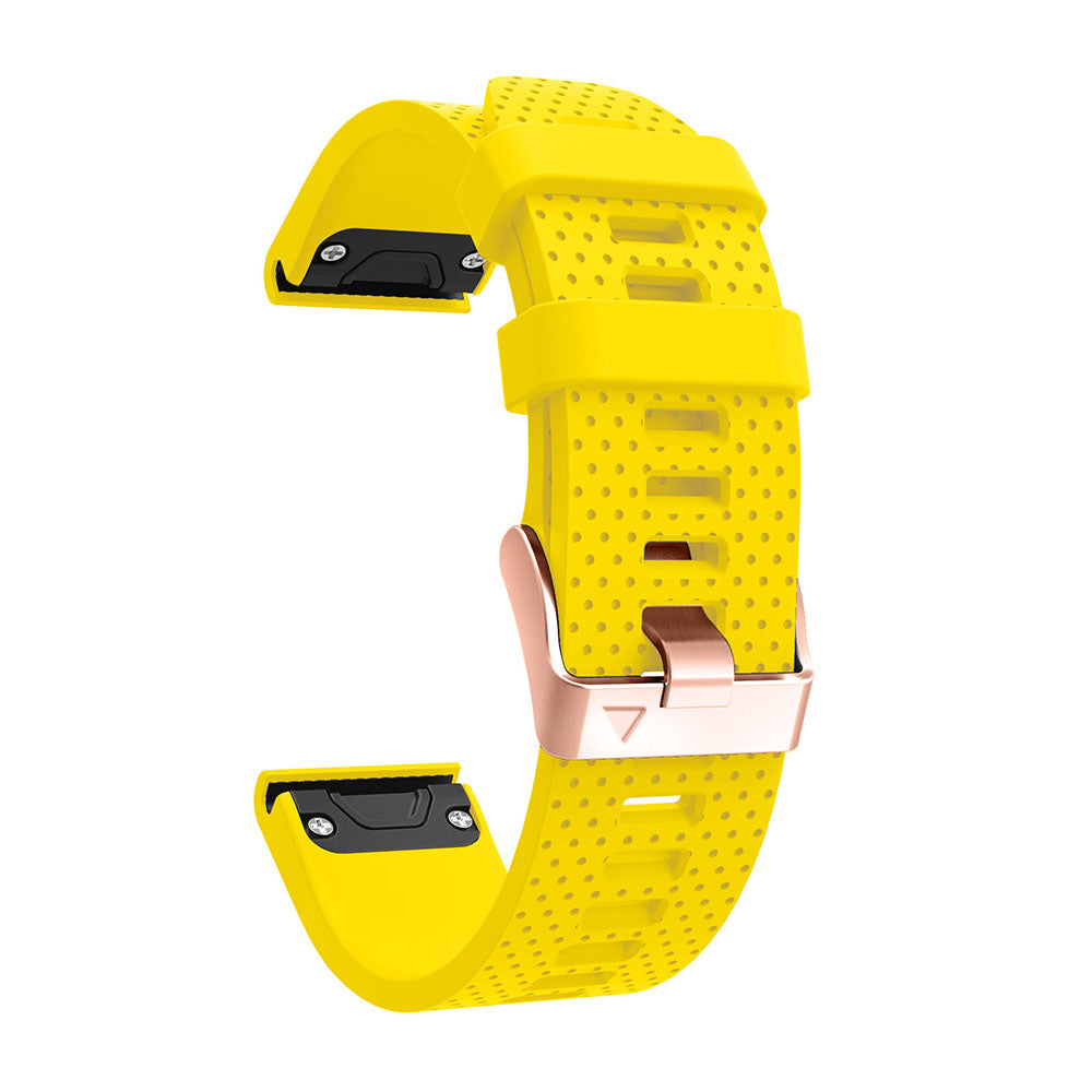 Yellow perforated silicone QuickFit 20mm watch band with rose gold hardware and black connector compatibility