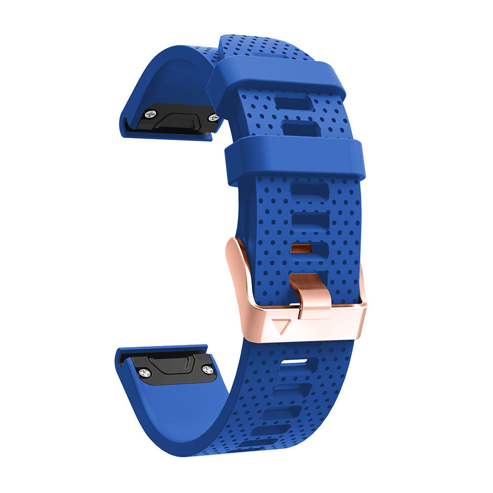 Blue silicone sport watch band with rose gold buckle, perforated design, quick-fit 20mm connector for fitness tracker replacement