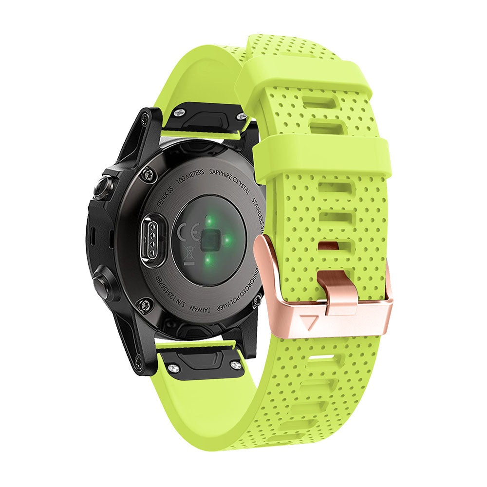 Black sports watch with sapphire crystal and neon yellow perforated silicone QuickFit band with rose gold hardware clasp