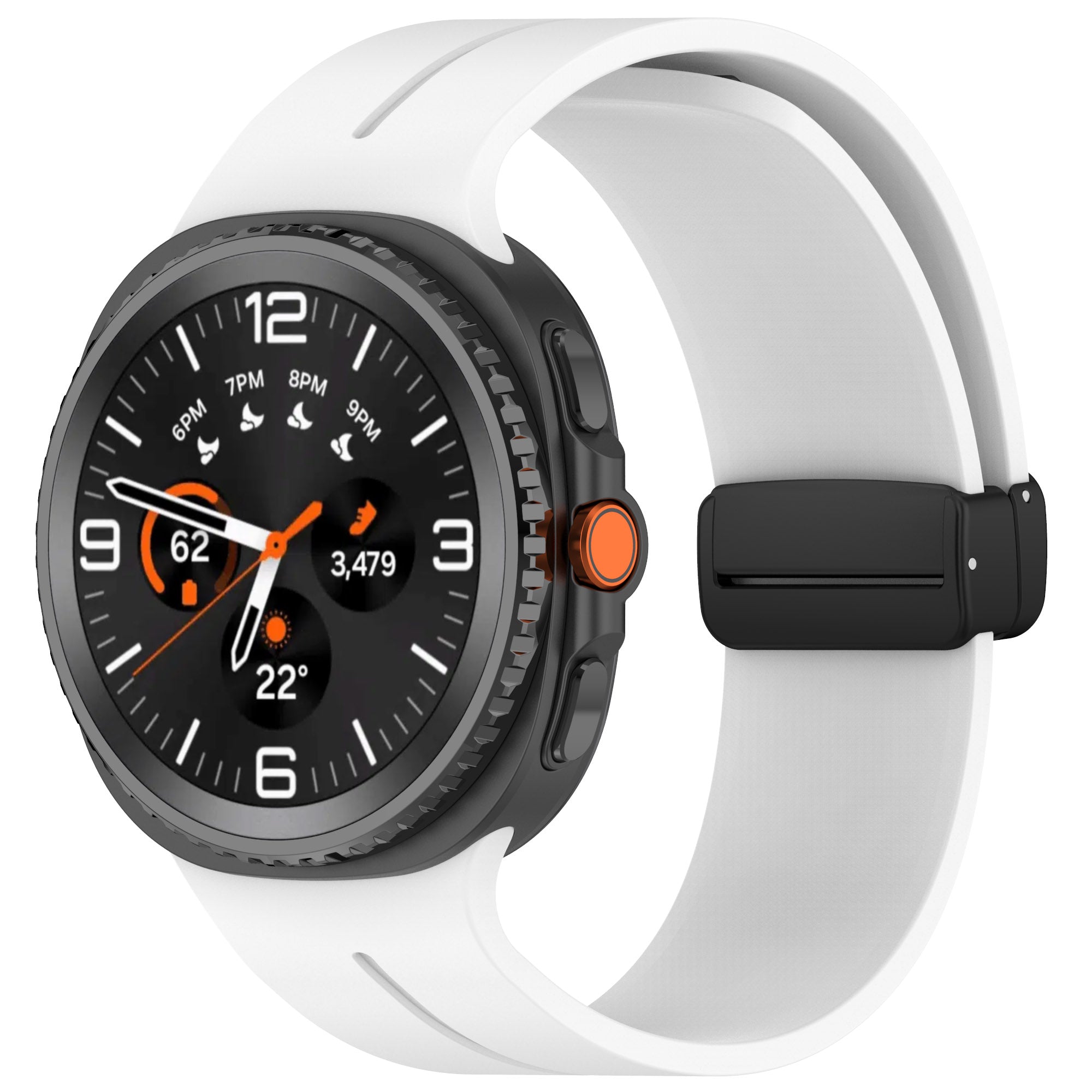 Black and white smartwatch with orange accents displaying time and fitness metrics on dark dial