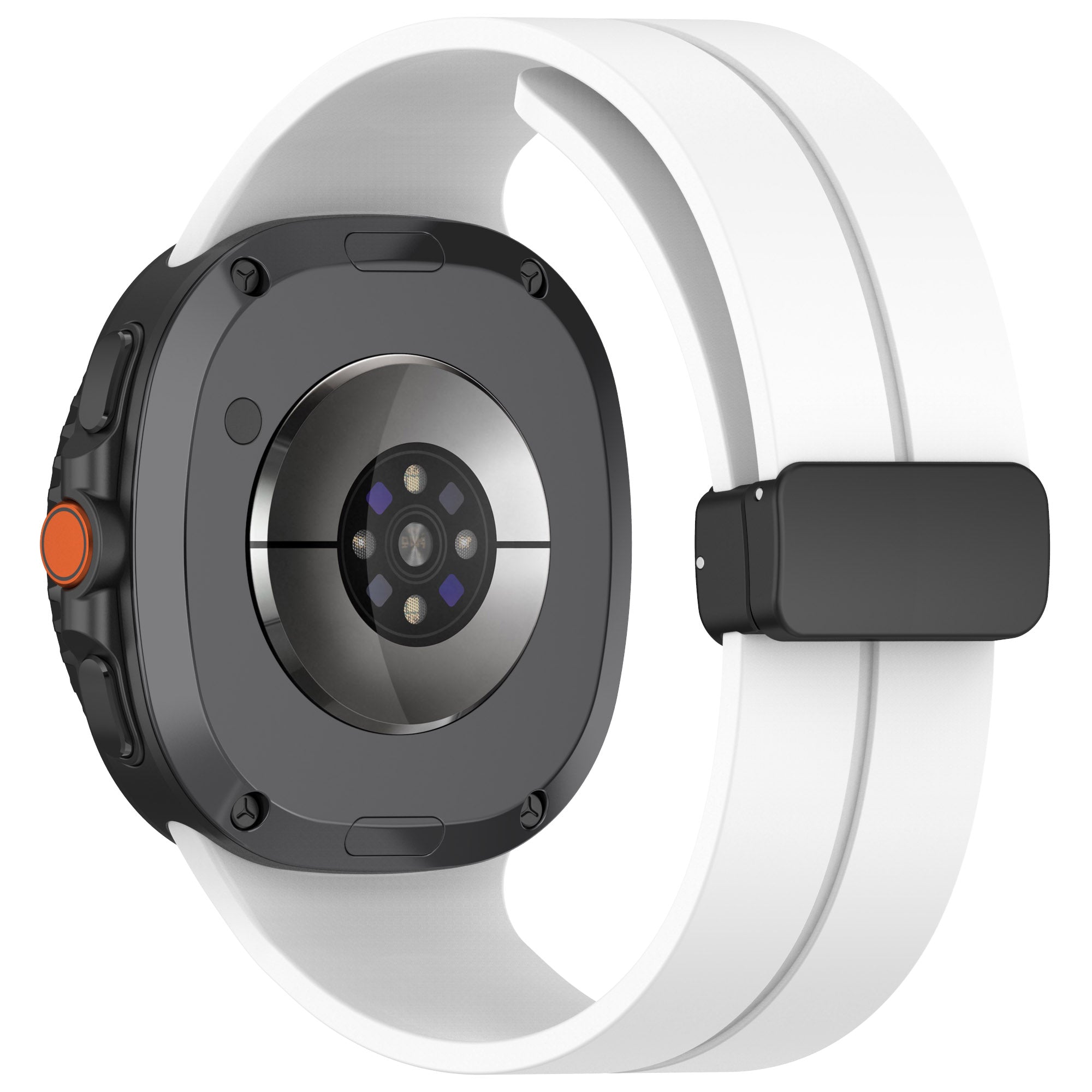 Black and white silicone smartwatch band with magnetic deployable clasp, featuring orange accent button and circular watch face with LED display