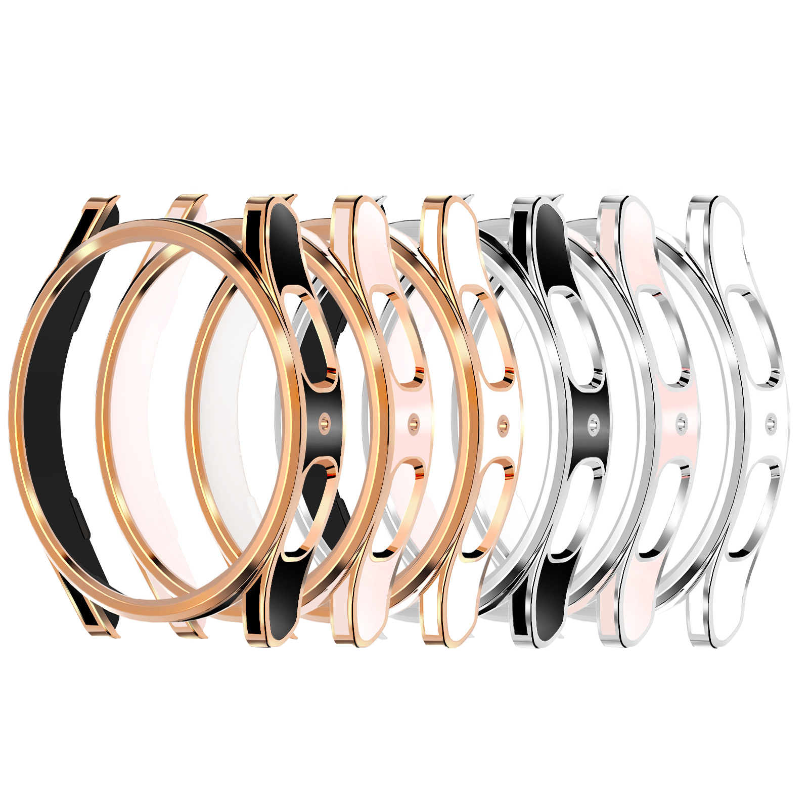 Stainless steel protective cases for Galaxy Watch 4 and 5 in rose gold, gold, silver and black two-tone finishes displayed together