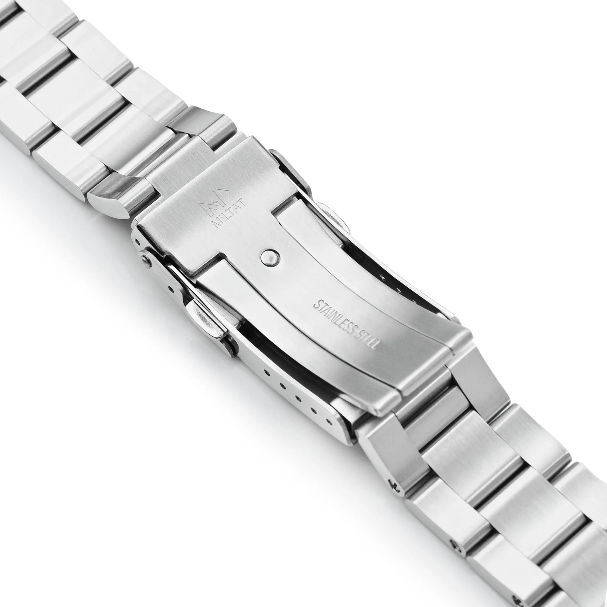 Stainless steel watch band with fold-over clasp for Orient Mako 40, 20mm width, brushed metal finish