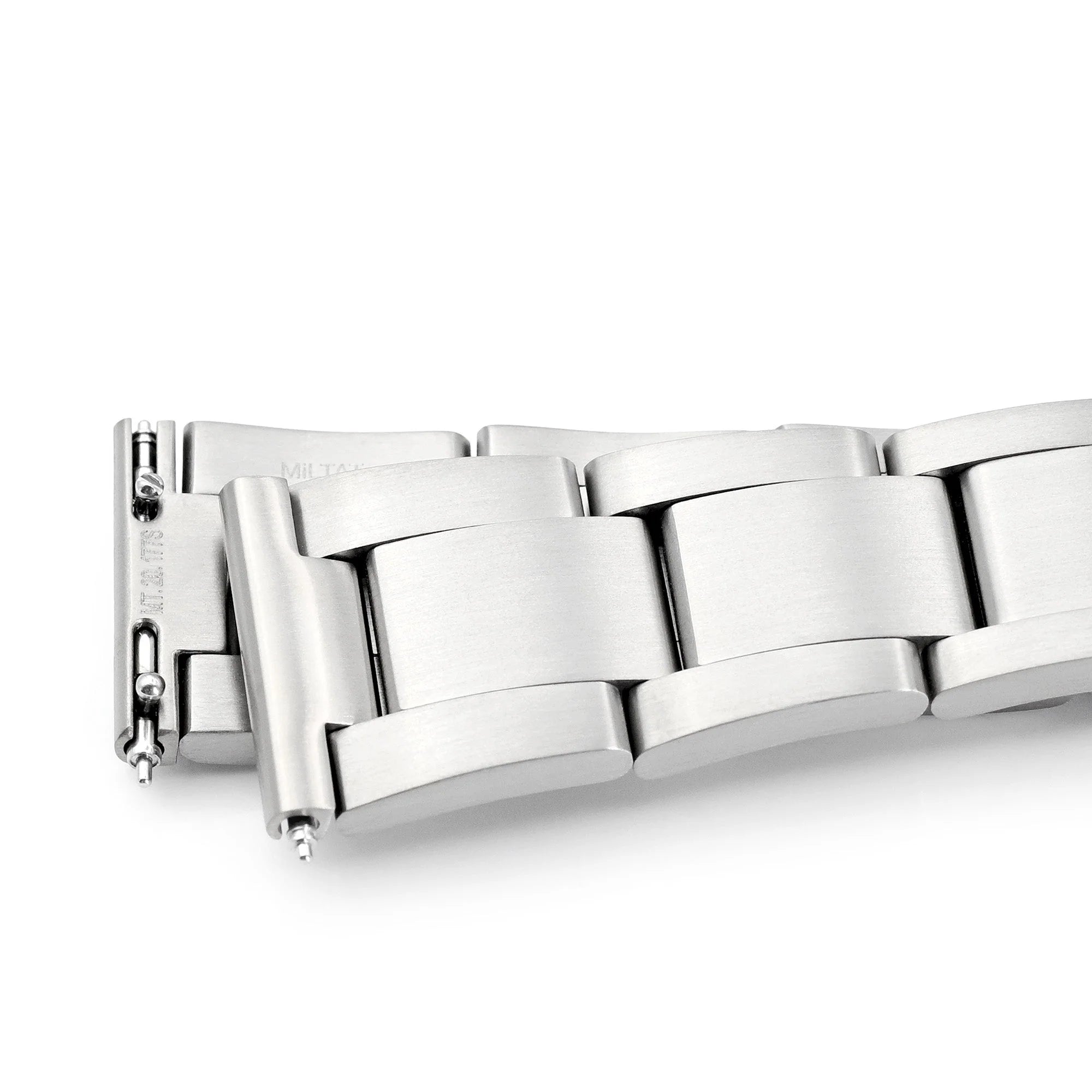 Stainless steel quick release watch band with polished curved links and deployant clasp, 20mm width