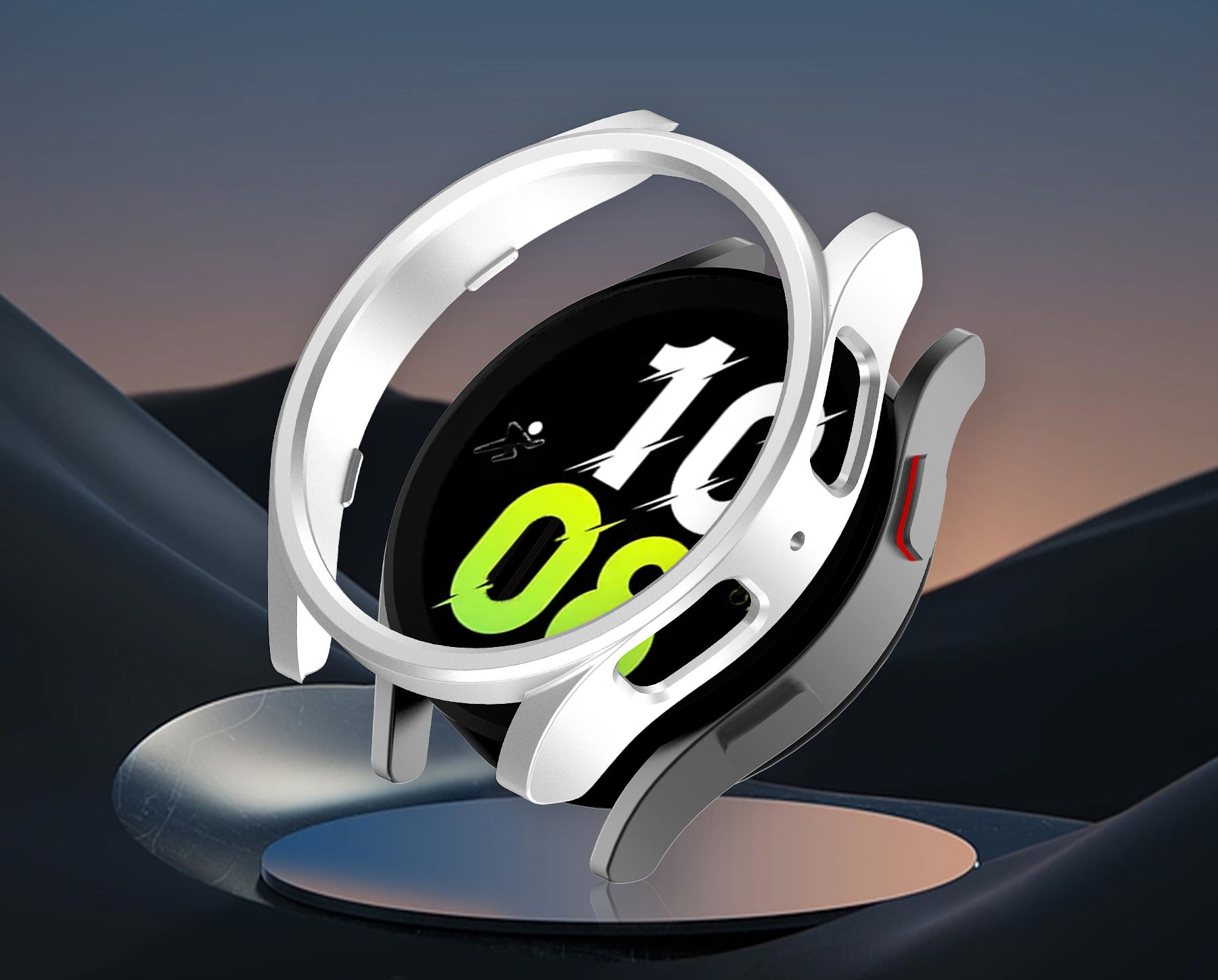 White protective case for Galaxy Watch 6-7 with clear dome cover and neon green accents, front view display