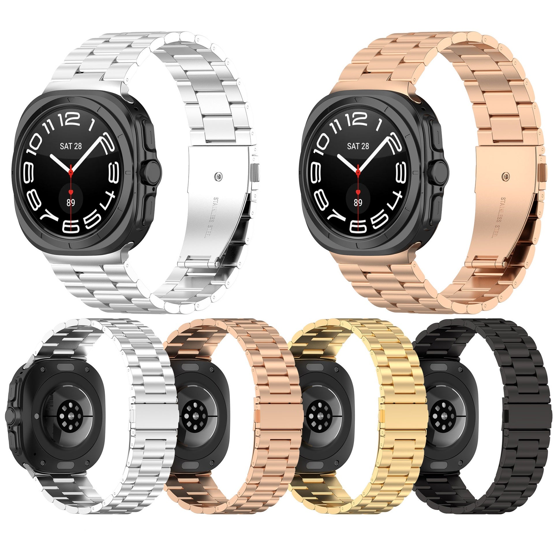 Square smartwatch with black dial and steel metal bands in five color options including silver, rose gold, gold, and black