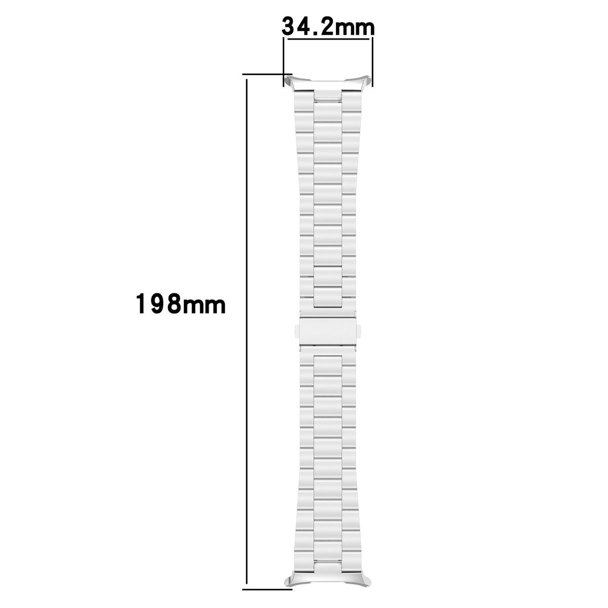 Silver stainless steel bracelet for Galaxy Watch Ultra with dimensions 34.2mm width and 198mm length shown with measurement lines