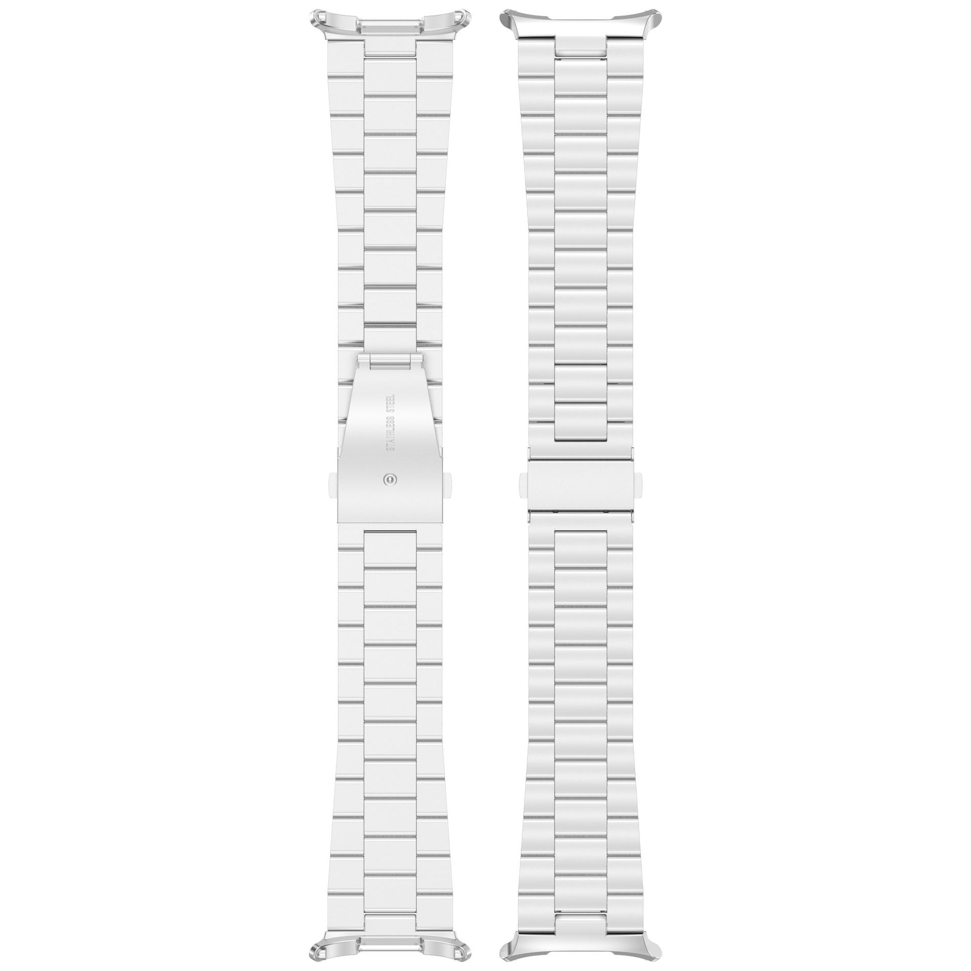 Silver stainless steel smartwatch band with link bracelet design and secure clasp closure for Galaxy Watch Ultra