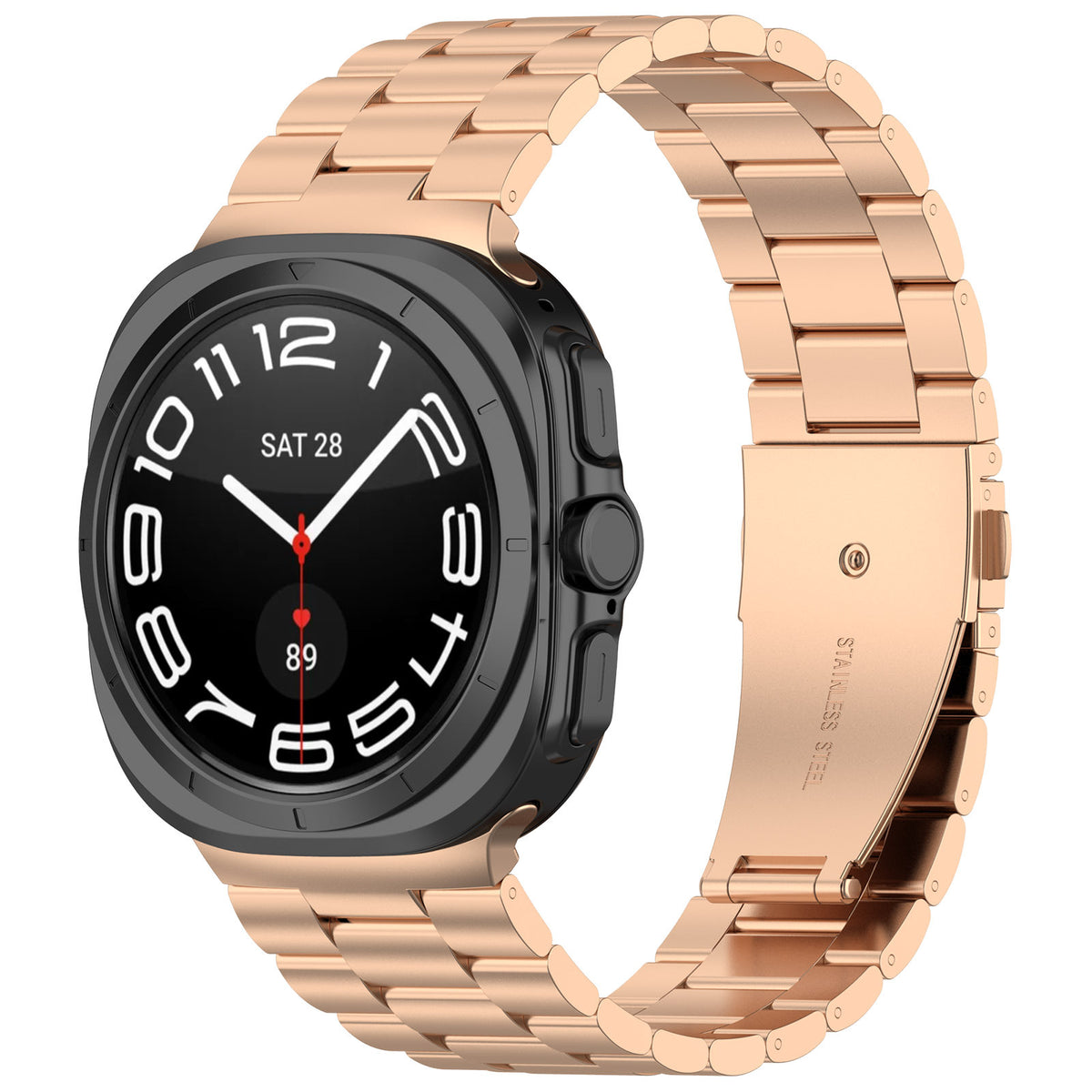 Black smartwatch with rose gold stainless steel bracelet and black dial displaying time and date