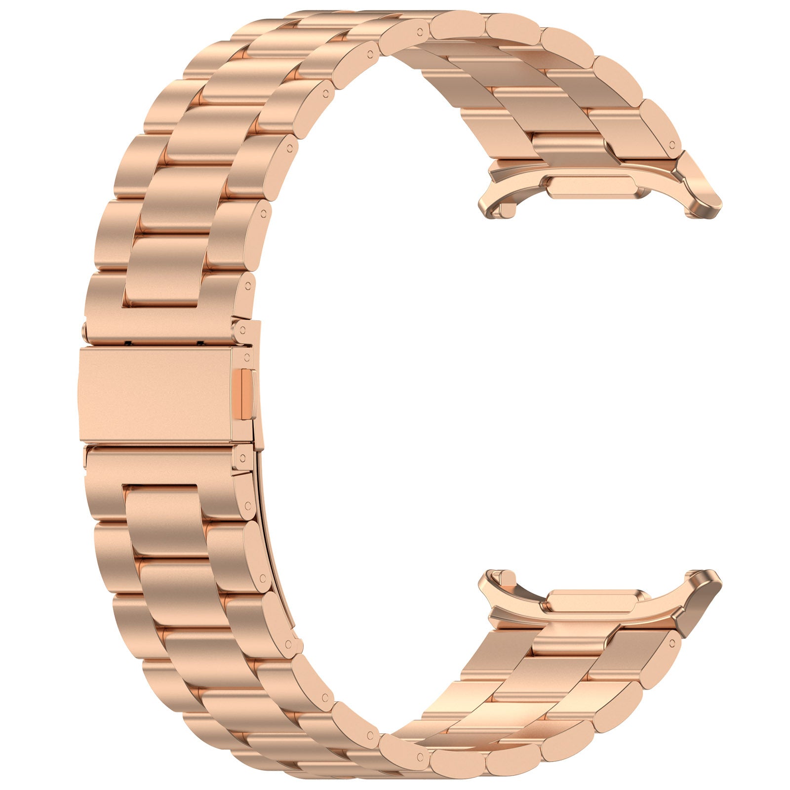 Rose gold stainless steel bracelet with three-link band design and fold-over clasp for smartwatch