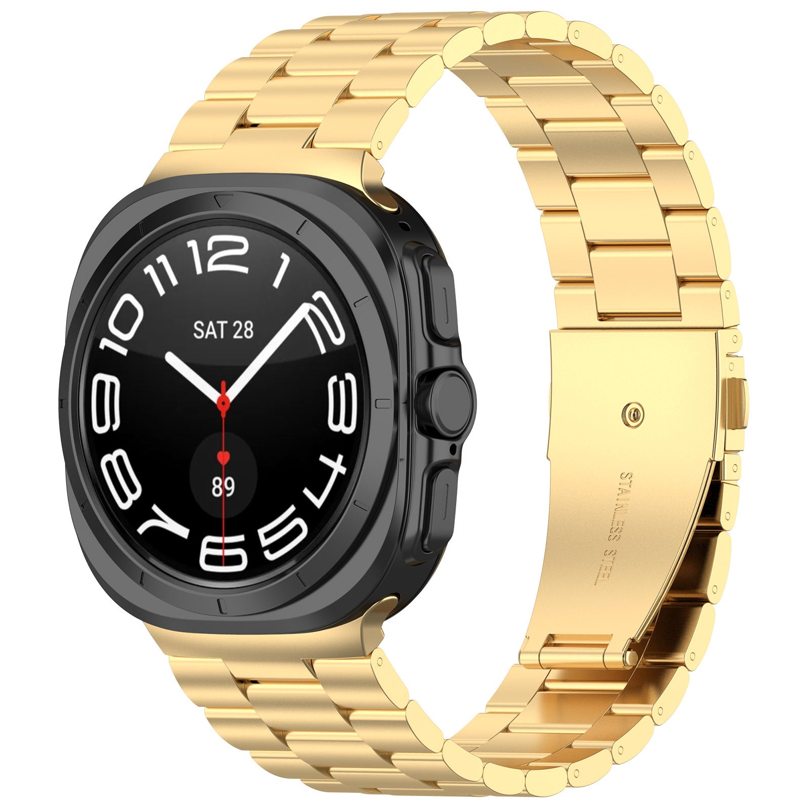 Black smartwatch with gold stainless steel bracelet, white dial numerals, and red hands