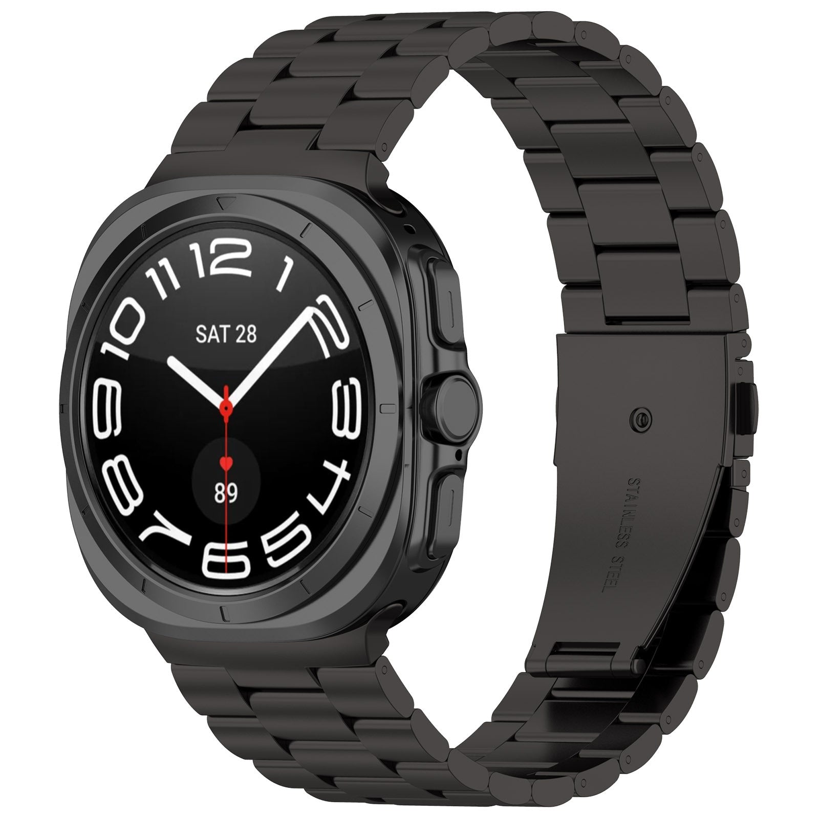 Black stainless steel smartwatch with square case, white dial numbers, date display, and matching metal link bracelet