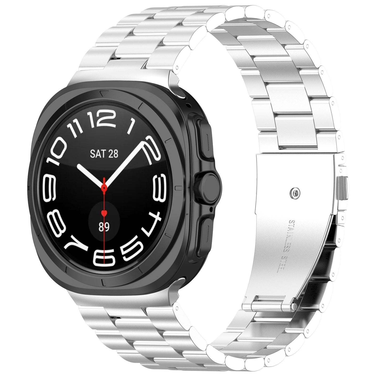 Black square smartwatch with silver stainless steel bracelet and white numerical dial