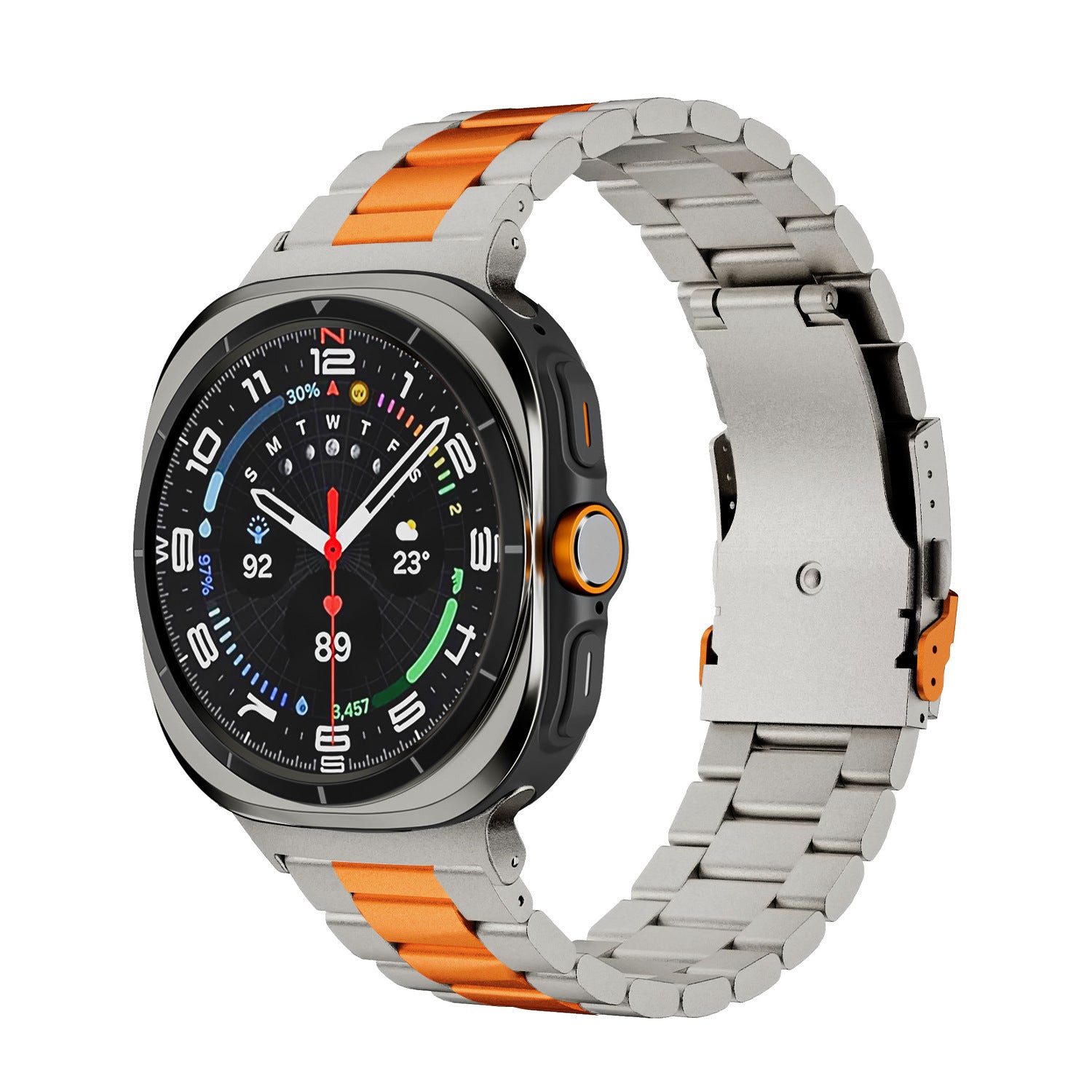 Galaxy Watch 8 smartwatch with steel and orange bracelet, black digital display showing time and health metrics