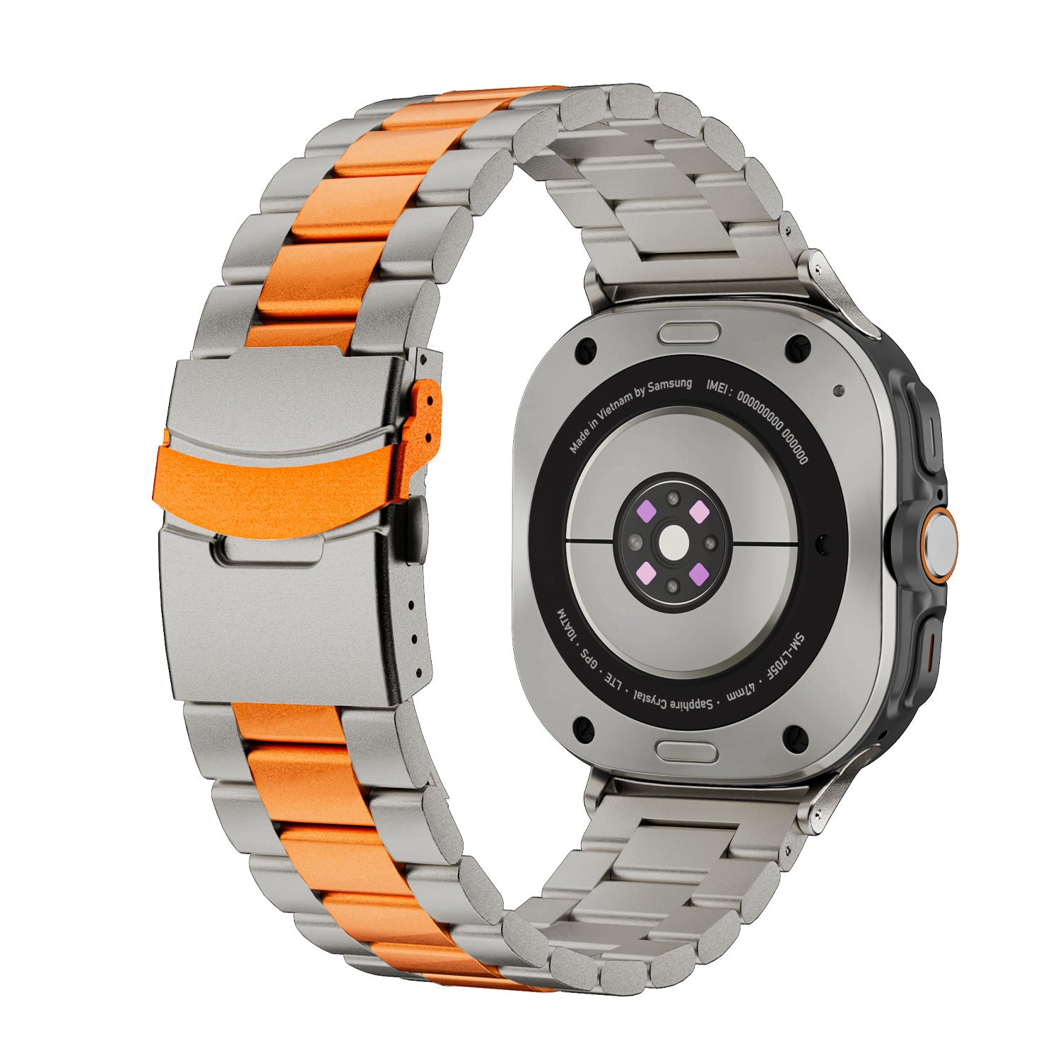 Samsung Galaxy Watch 8 smartwatch with silver and orange stainless steel bracelet band