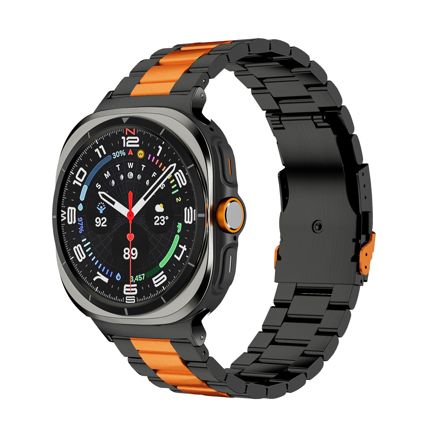 Black and orange steel bracelet smartwatch with digital display showing health metrics and time