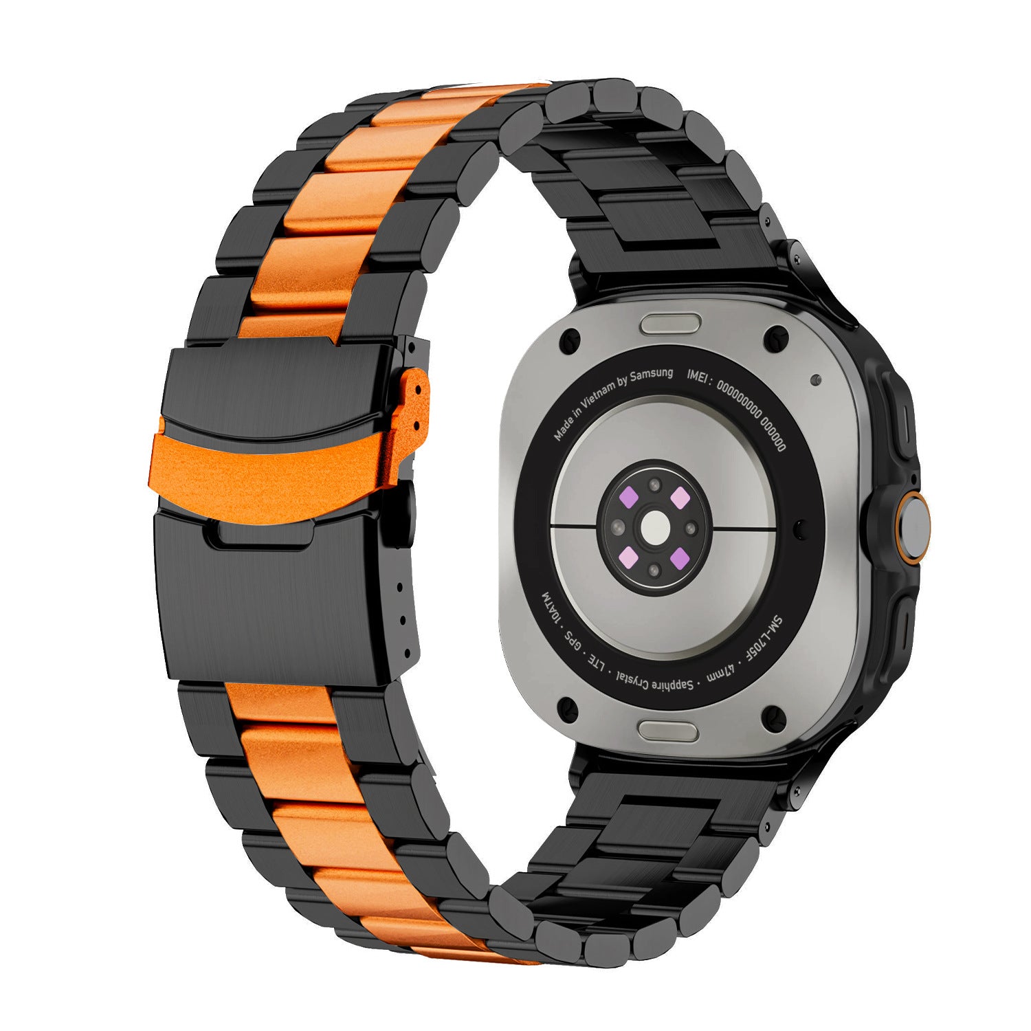 Galaxy Watch 8 smartwatch with black and orange stainless steel bracelet band, square face design with digital display