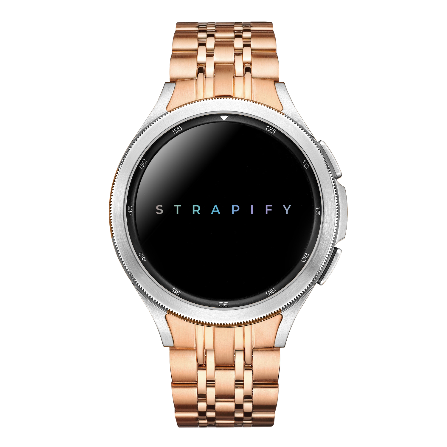 Strapify rose gold steel bracelet smartwatch band with silver bezel and black digital display