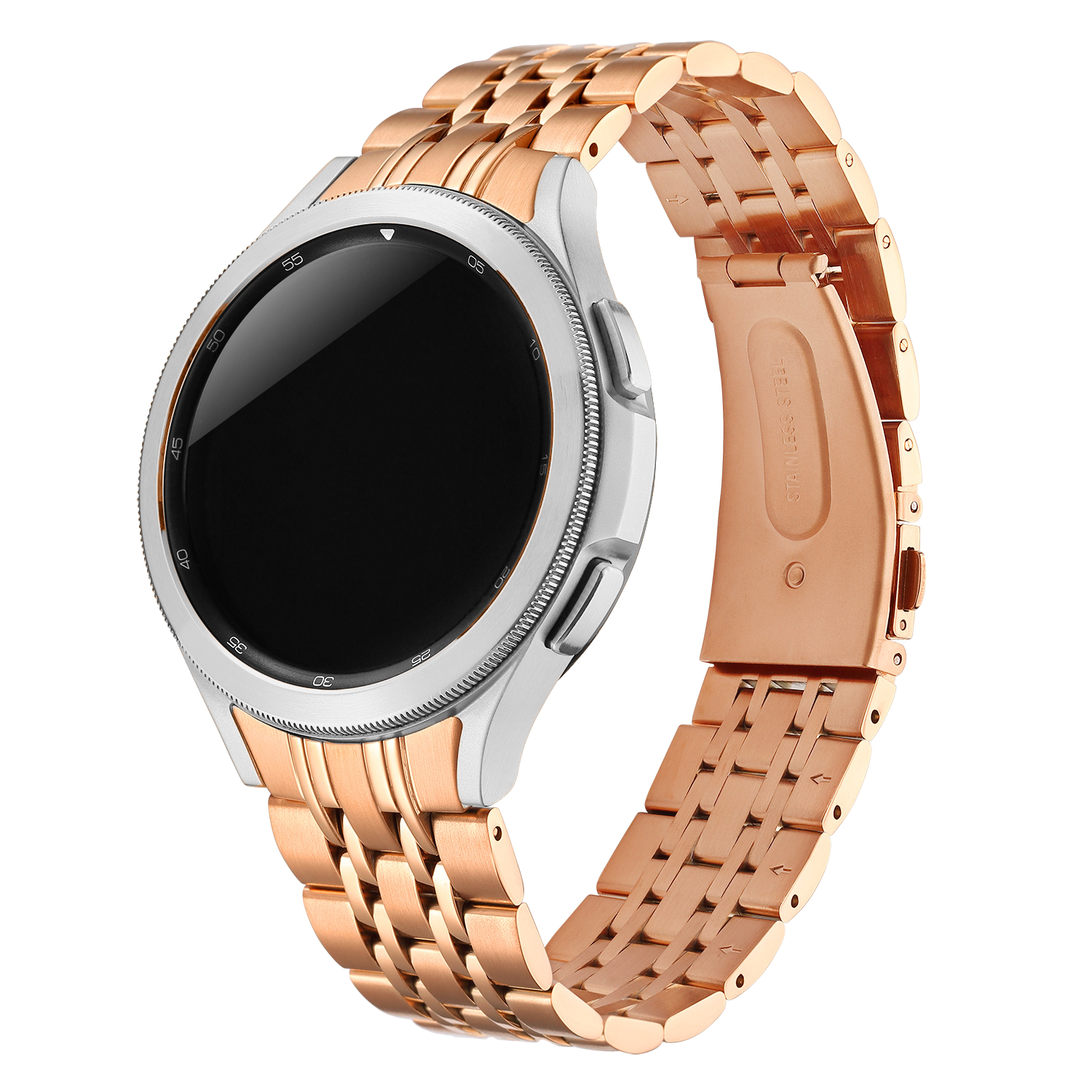 Silver and rose gold smartwatch with stainless steel link bracelet and black AMOLED display face
