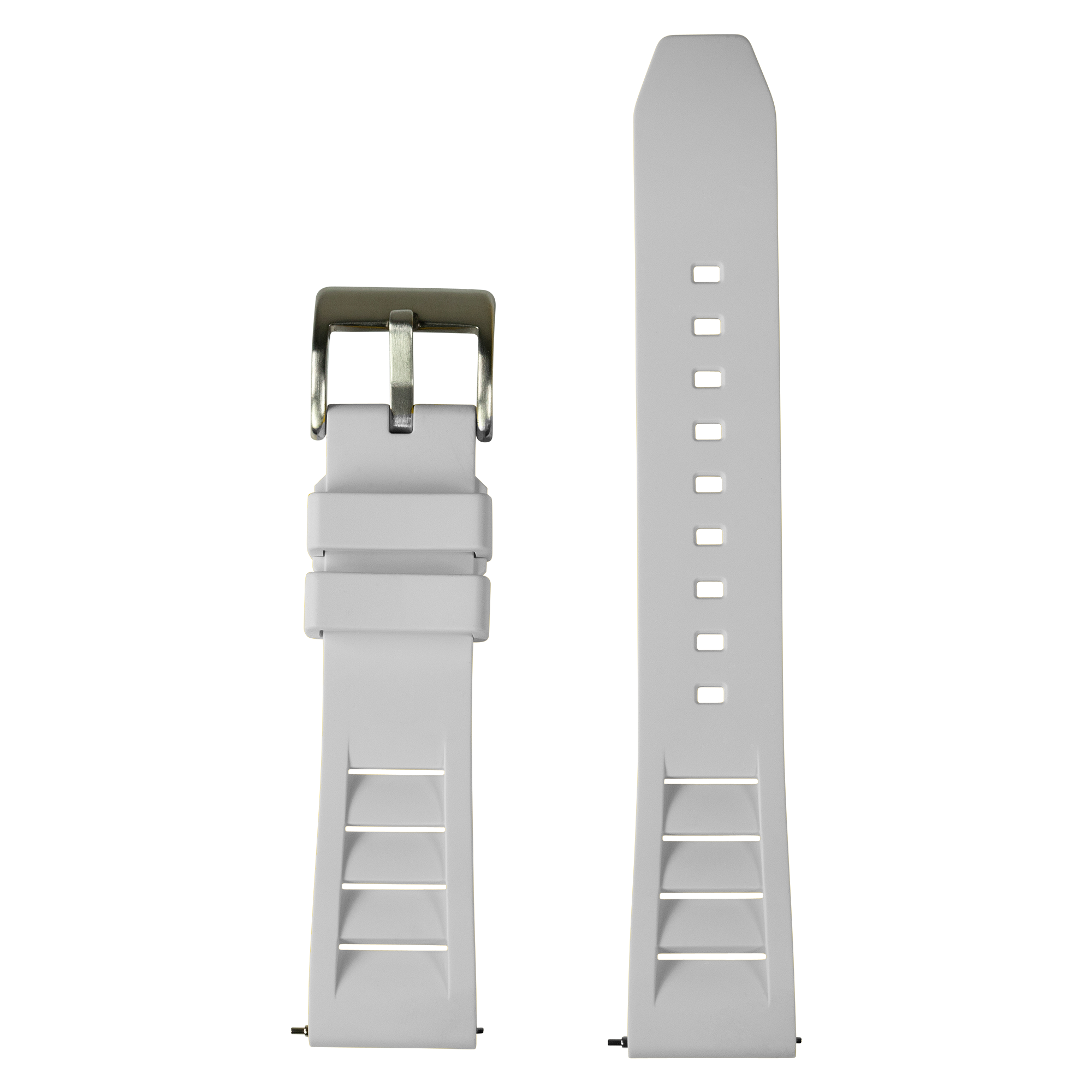 QuickFit Shark Fin FKM rubber white watch strap 26mm with stainless steel buckle, shown fully assembled and unattached