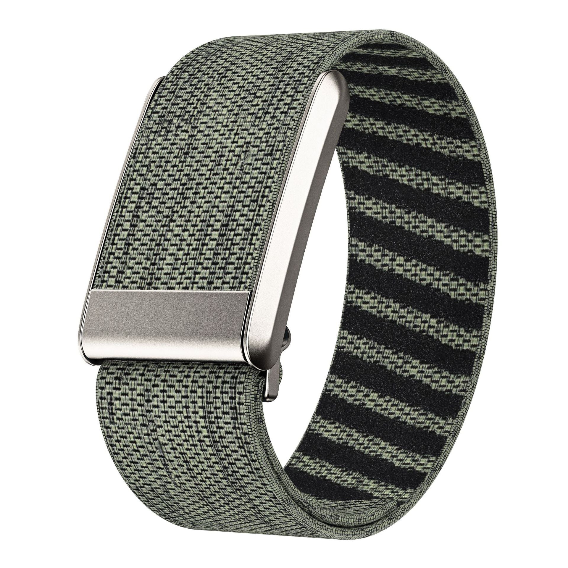 Whoop 5 sage weaved loop band with metal buckle closure and striped interior pattern