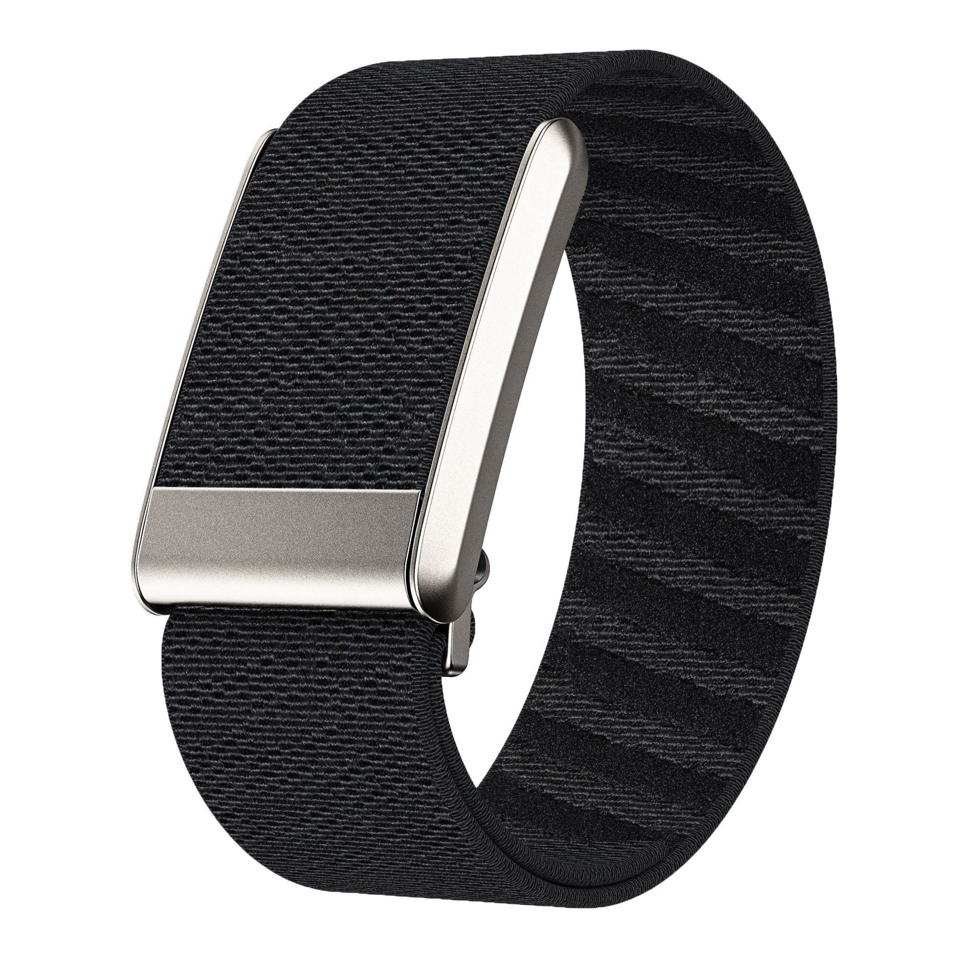 Black woven loop band for Whoop 5 fitness tracker with silver metal clasp and closure