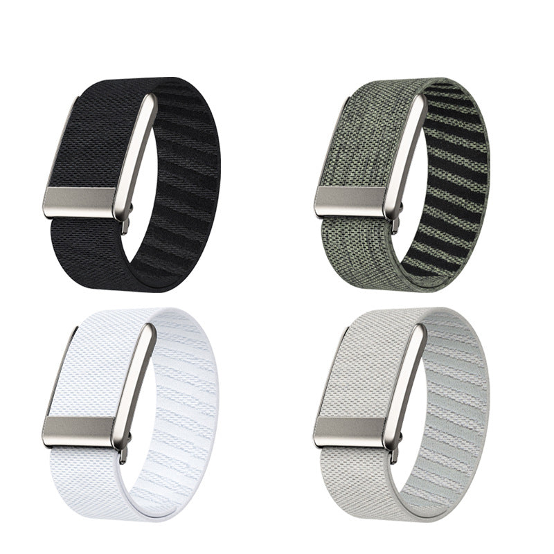 Four Whoop 5 weaved loop bands in black, green, white, and gray with metal buckle closures
