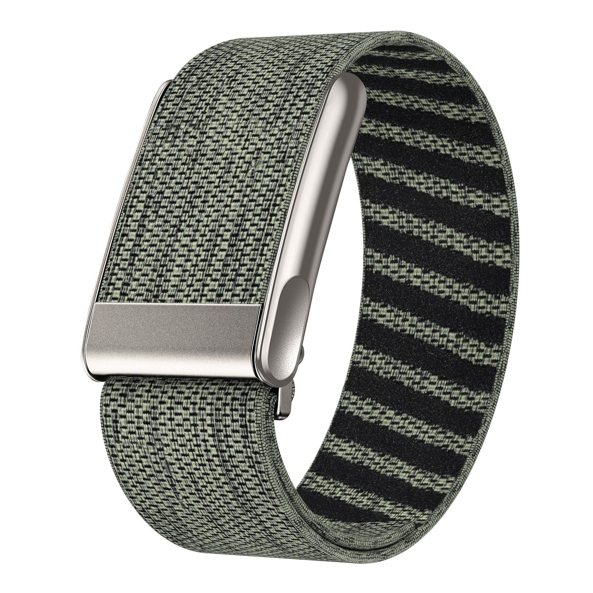 Whoop 5 fitness band with sage green woven loop strap and silver buckle closure, displaying diagonal stripe pattern detail