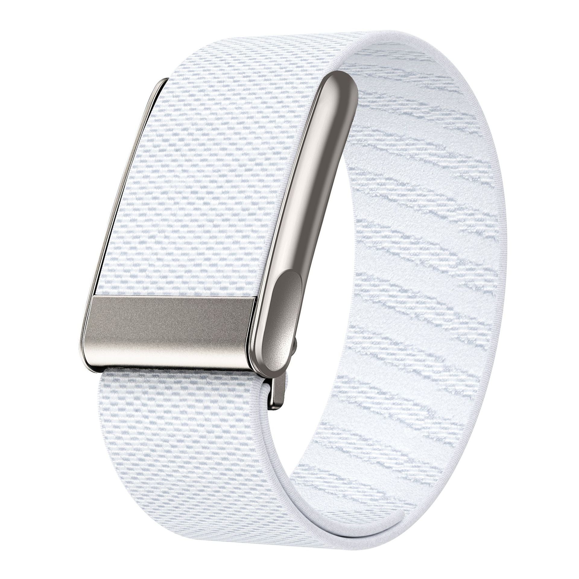 White woven fabric fitness tracking band with silver metal clasp and loop closure for wrist wear