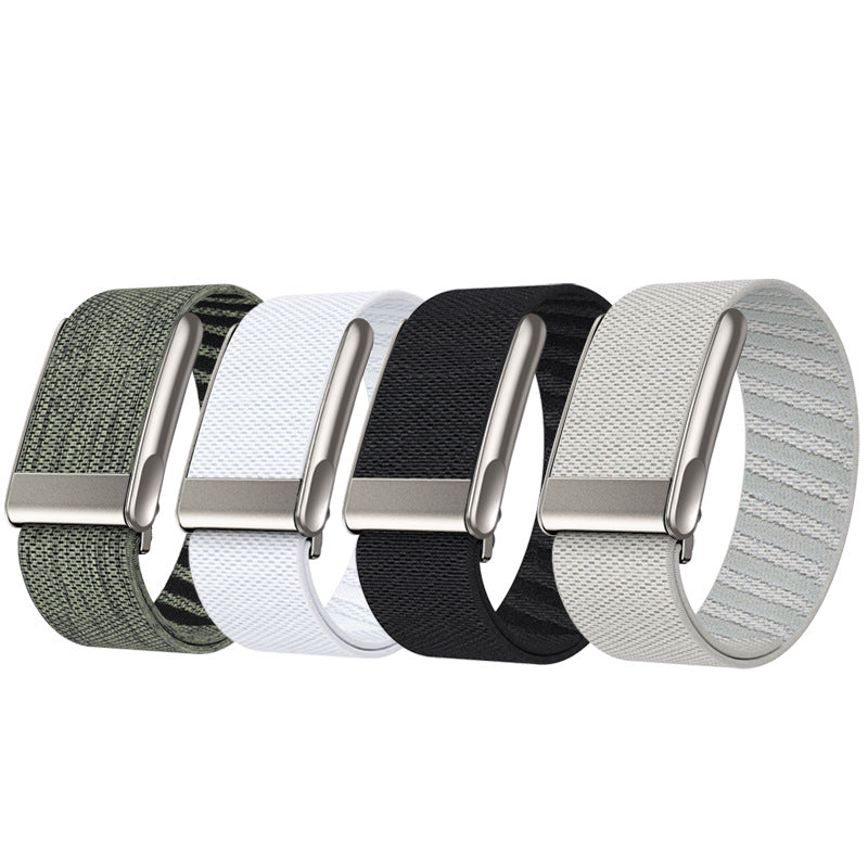 Four woven loop bands for fitness tracker in green, white, black, and gray with metal buckle closures