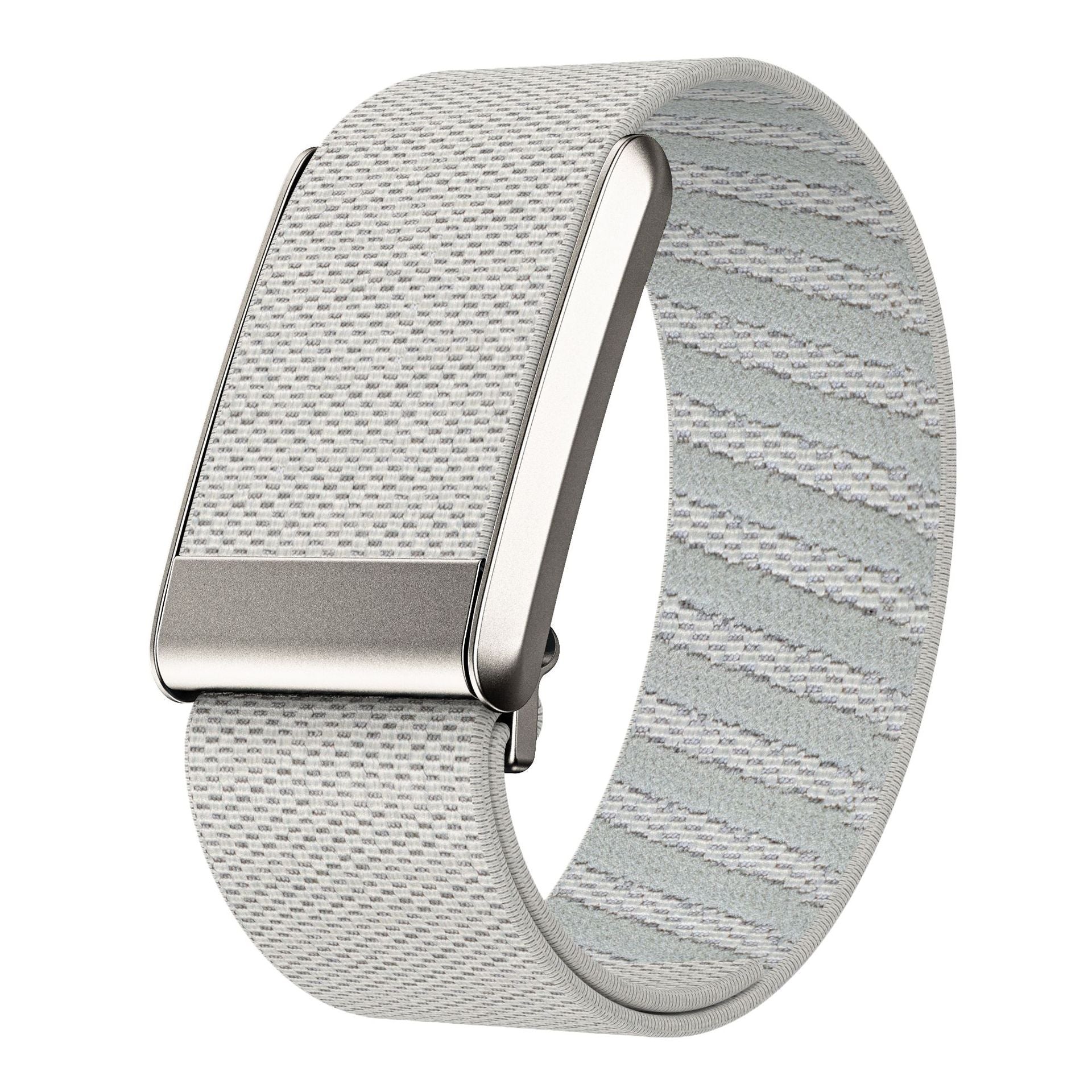 Gray woven fabric loop band with metal buckle closure for Whoop 5 fitness tracker