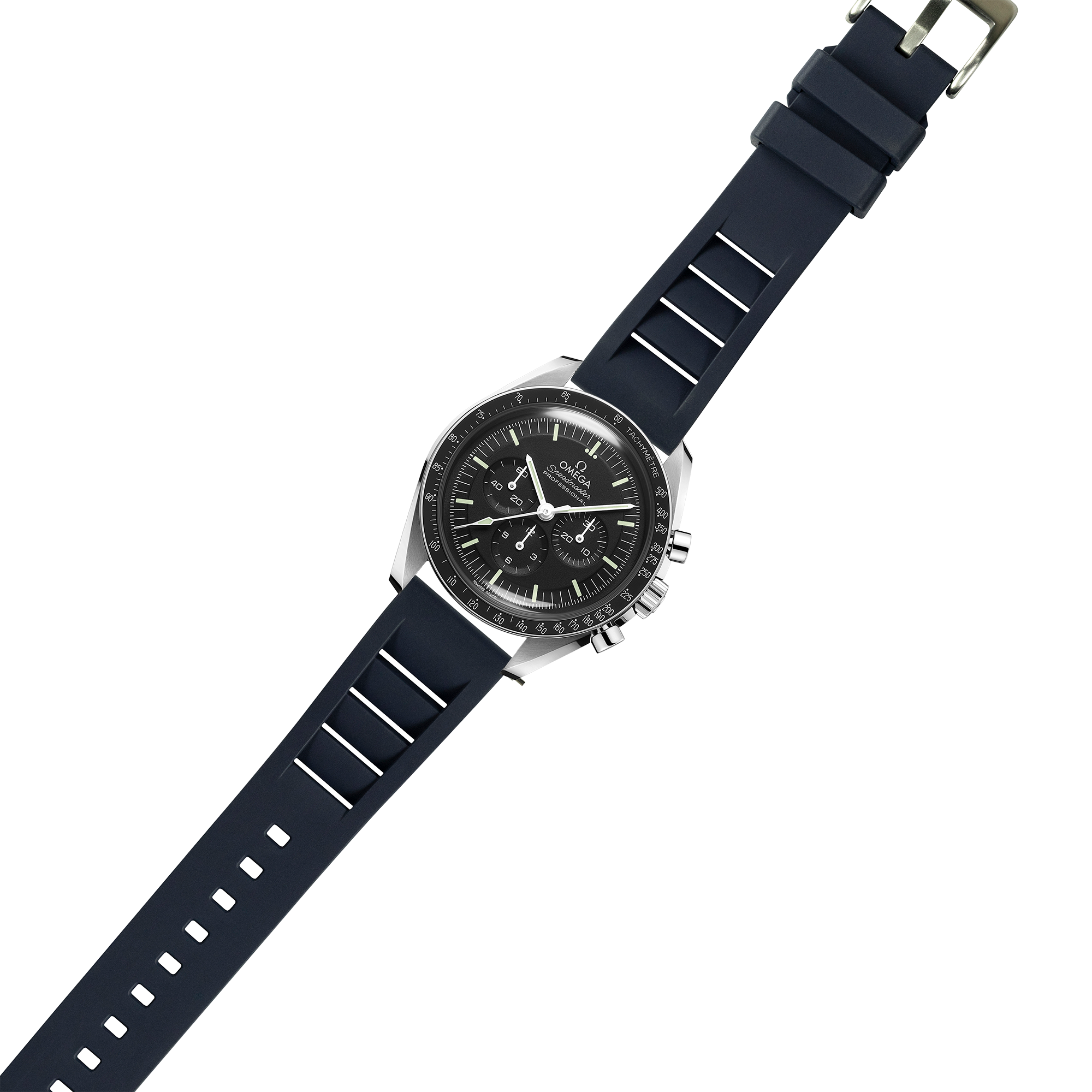 Omega Speedmaster chronograph watch with black dial, silver case, and navy blue rubber strap with white accent lines