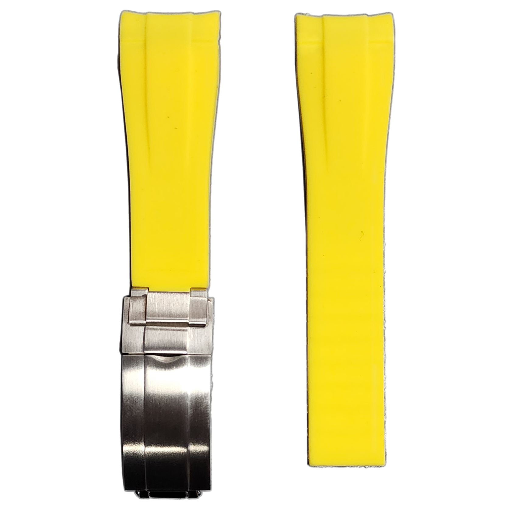 Bright yellow curved rubber watch strap with brushed metal oyster clasp, displayed open and closed