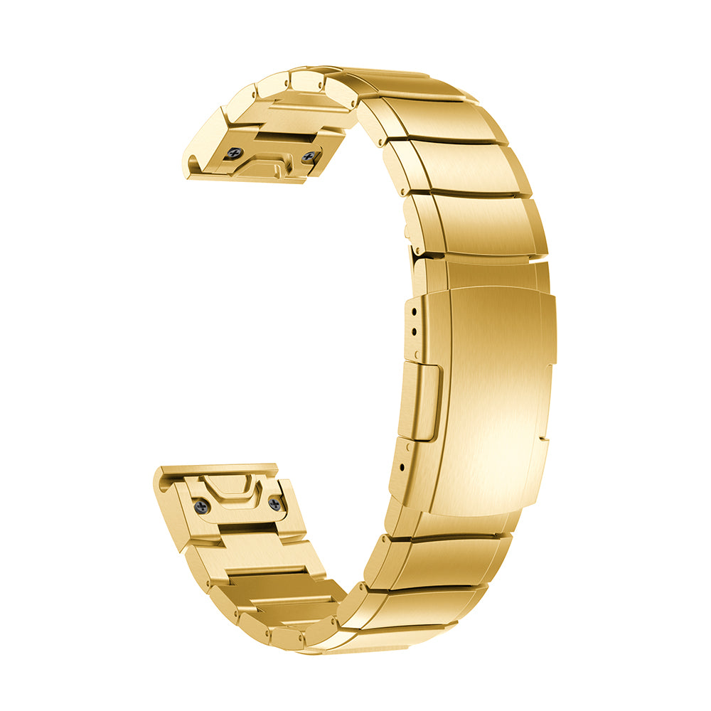 Gold stainless steel QuickFit link bracelet with curved links and fold-over clasp, isolated on white background