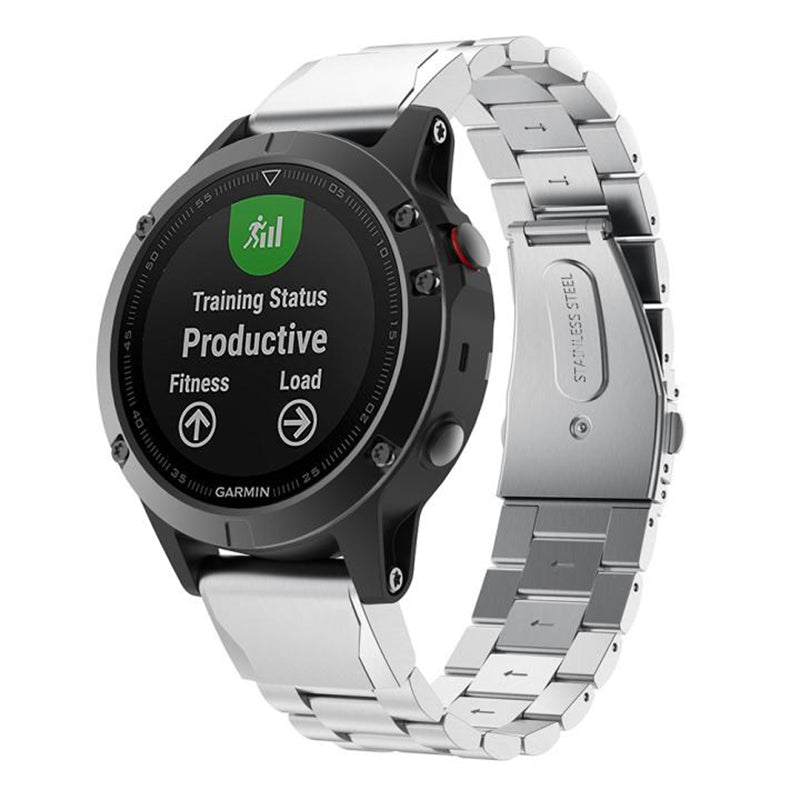 Garmin smartwatch with steel bracelet displaying training status, featuring black case, white silicone strap and silver metal band