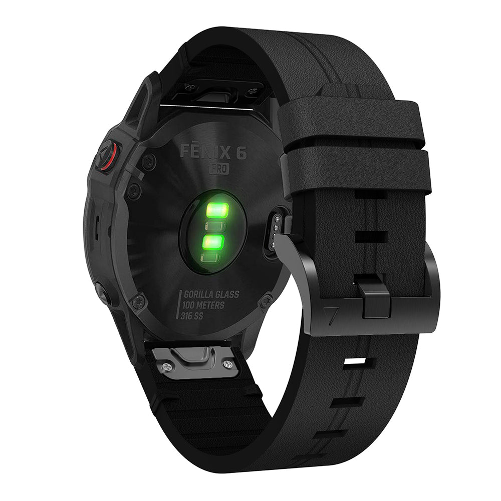 Garmin Fenix 6 Pro smartwatch with black leather QuickFit band, green heart rate sensor display, and Gorilla Glass face