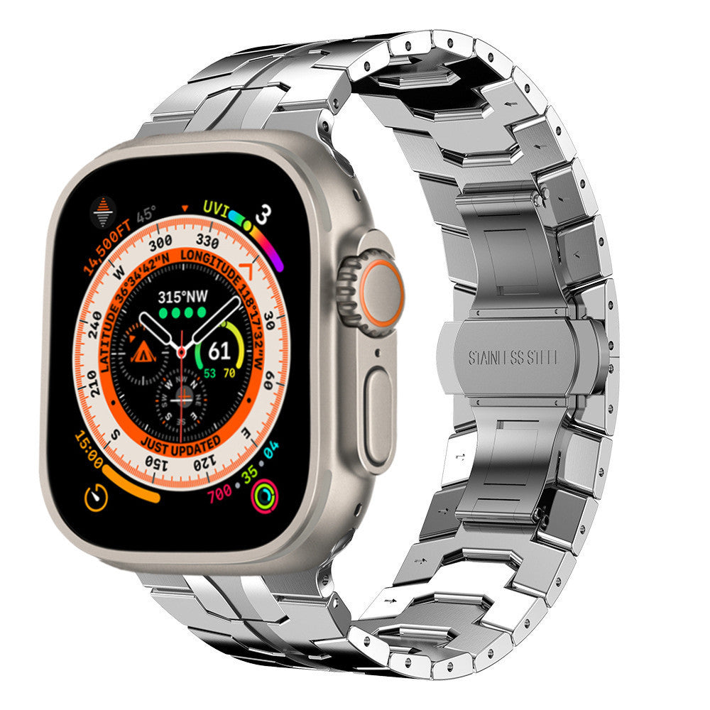 Smartwatch with titanium case and stainless steel link bracelet, displaying colorful compass watch face with health metrics and altitude data