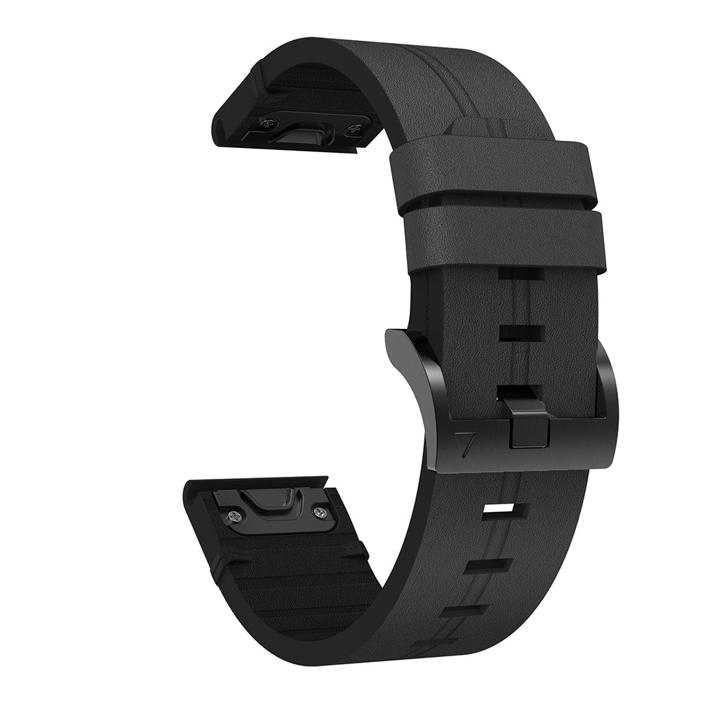 Black QuickFit leather watch band with quick-release connector and adjustment holes